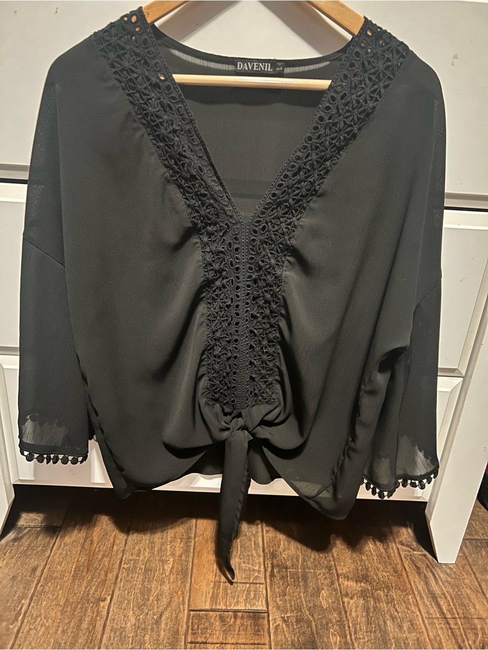 Amazon Black Crochet V-Neck Tie-Front Top